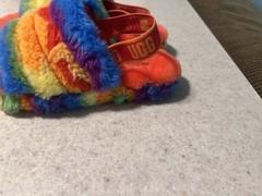 Size 4 – UGG Australia Fluff Yeah Slide Rainbow Stripe 1119840K-RSTR Kids Sandal