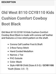 OLD WEST Black Leather Youth Size 5.5 Cowboy Boots Green Stitching VGC