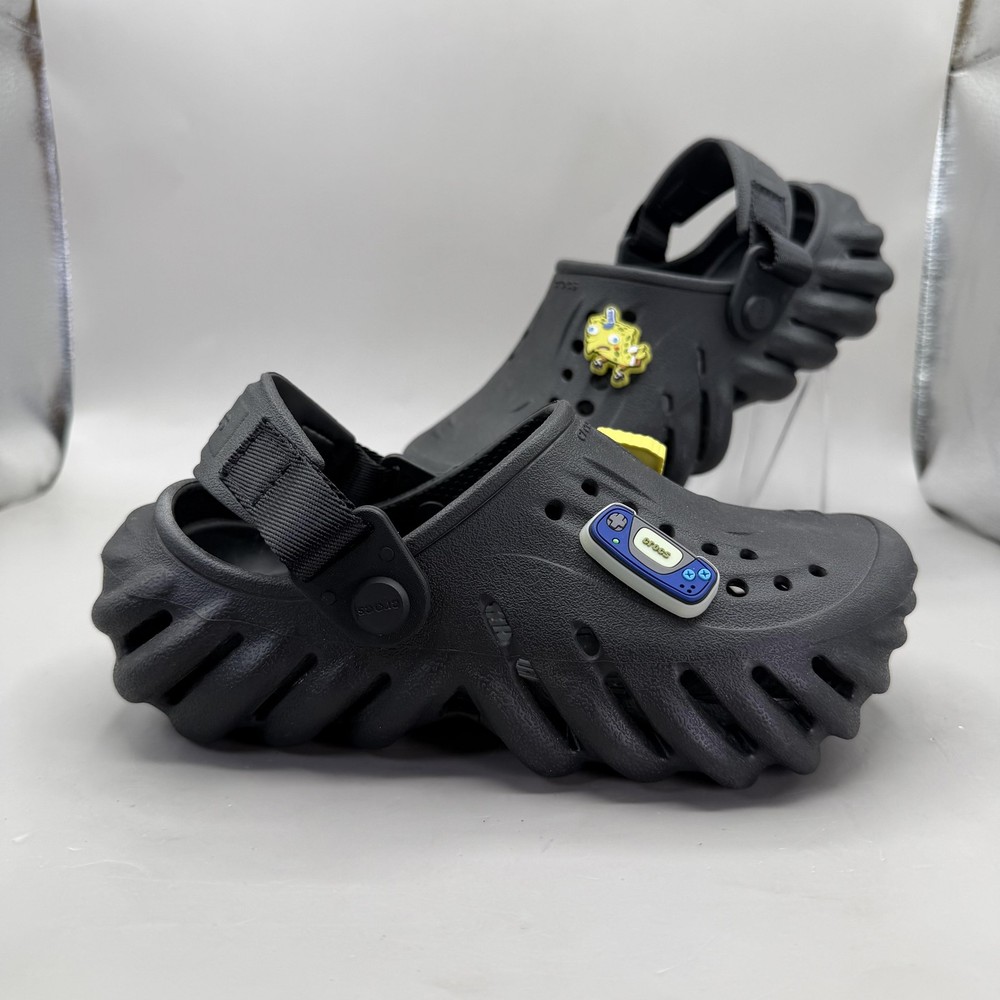 Crocs Echo Clog Shoes Kids Size 1 Black SpongeBob Jibbitz Sandals Slip-On