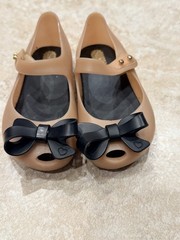 Mini Melissa Mary Jane Unisex Kids Flats Beige Black Bow Size 7