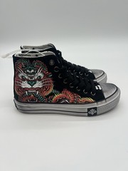 KIDS Affliction Flame & Fable Hi Top Canvas Sneakers Black Red Yellow Unisex