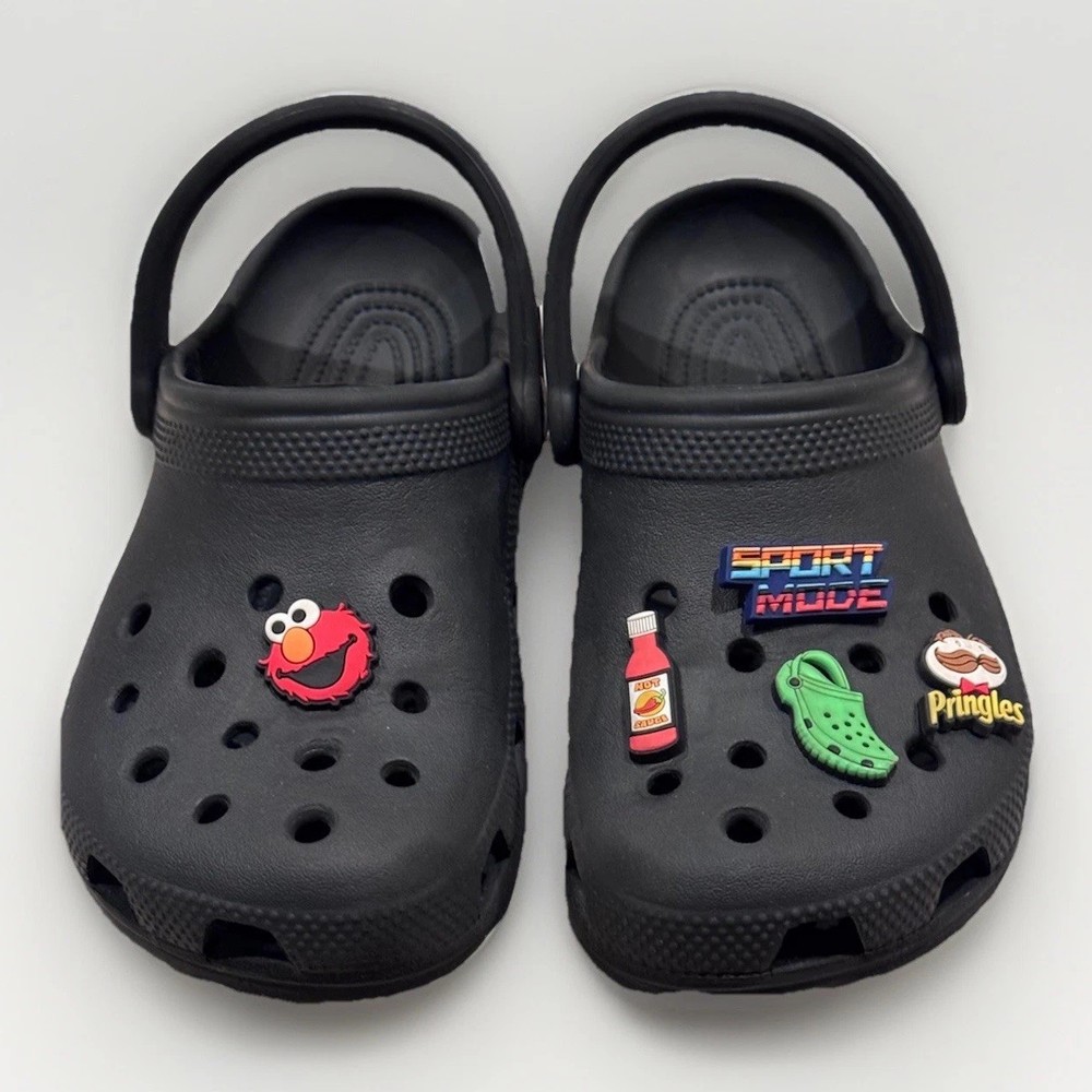 Crocs Classic Clogs Black Size 4 With Authentic Jibbizt Green Croc & Hot Sauce.