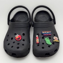 Crocs Classic Clogs Black Size 4 With Authentic Jibbizt Green Croc & Hot Sauce.