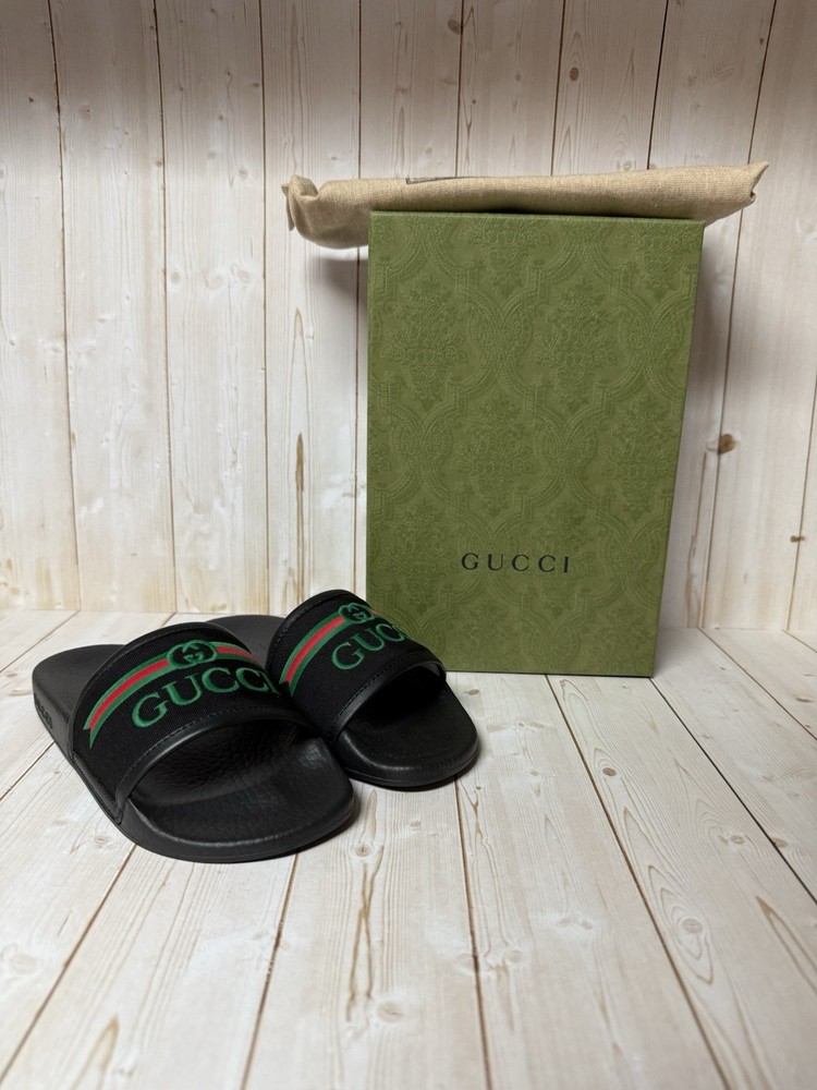 Gucci Embroidered Stripe Logo Canvas Slide Sandals Black Multicolor Sz 31 / 13