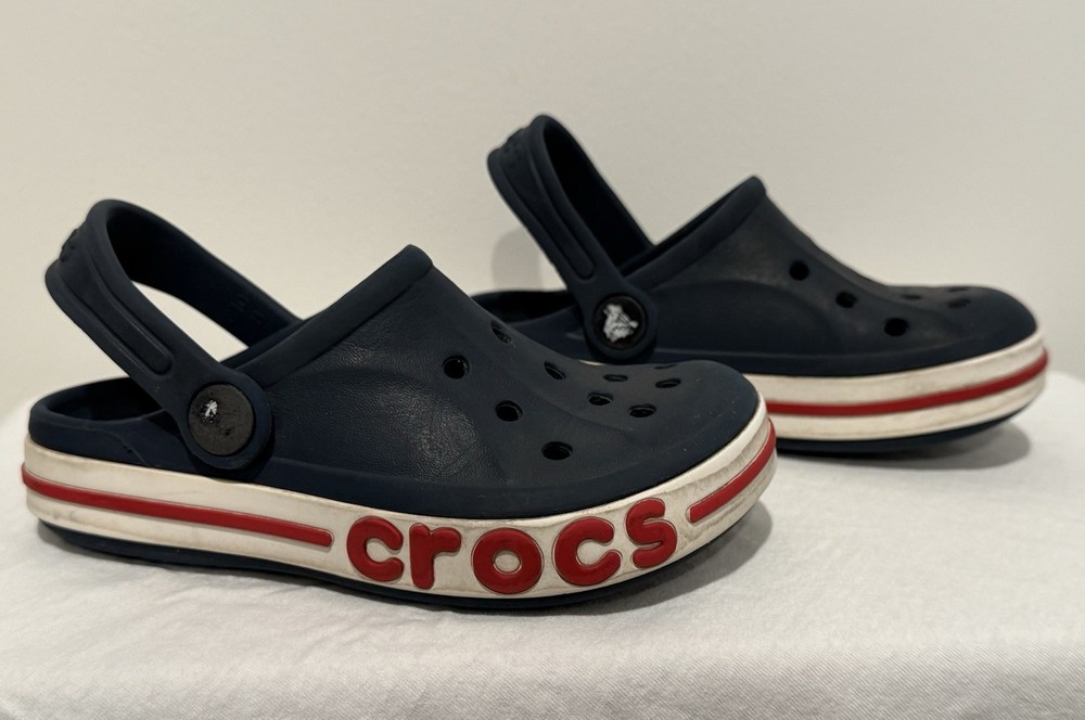 Crocs Classic Clogs w/Heel Strap – Navy, Red & White w/Logo – Toddler Size 10