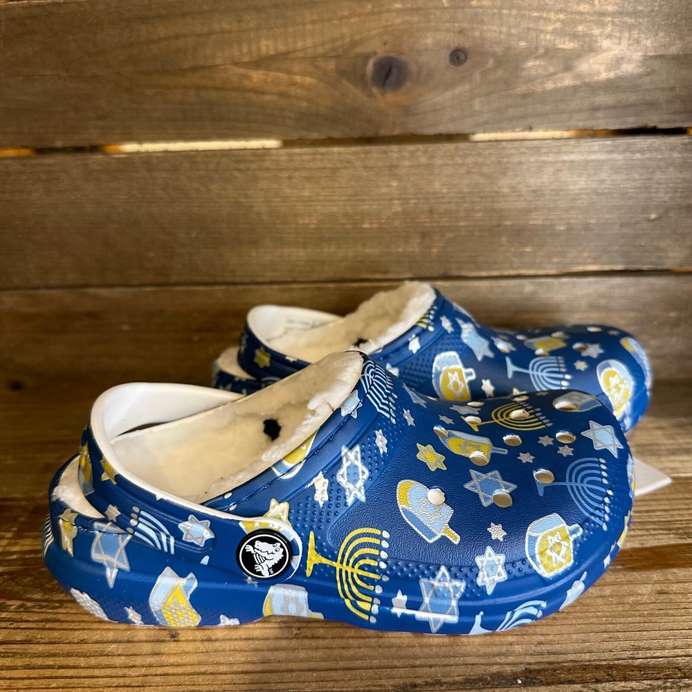 New Little Kids Crocs Classic Lined Blue Hanukkah Clogs Shoes Sandals Size 12 C