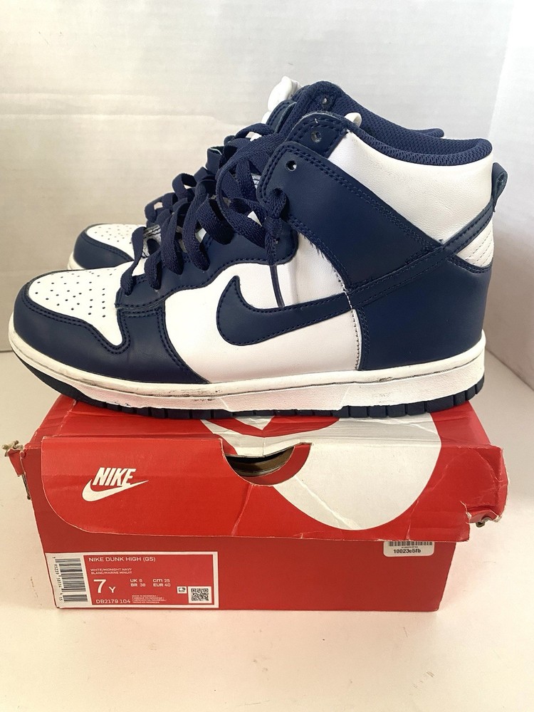 Nike Dunk High GS Sneaker White Midnight Navy Leather Unisex Youth Size 7Y