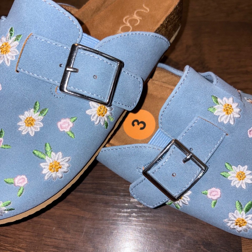 Sugar Kids Gaci Slides Light Blue Floral Embroidered Clog Mules Size 3