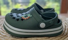 Khaki Slip-On Clogs Solid Round Toe Strap Accent Size 7 Unisex Dinosaur Charm