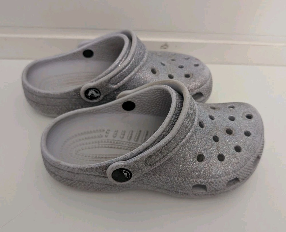 Crocs Clogs Sandals Girls Sz J 1 Gray/Purple Sparkle