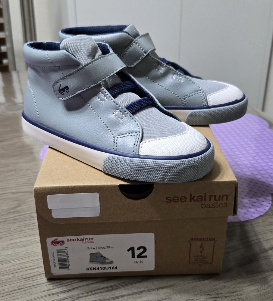 See Kai Run Drew Gray Blue Sneakers Hook & Loop Lace Up Unisex Kids Size 12