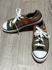 Converse Size 3 Dino Print Low-Top Sneakers Olive Green/Orange Great Condition