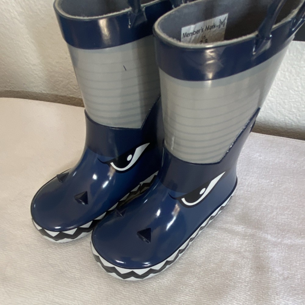 Member’s Mark Shark Waterproof Kids Rain Boots Blue Gray Rubber US 7/8
