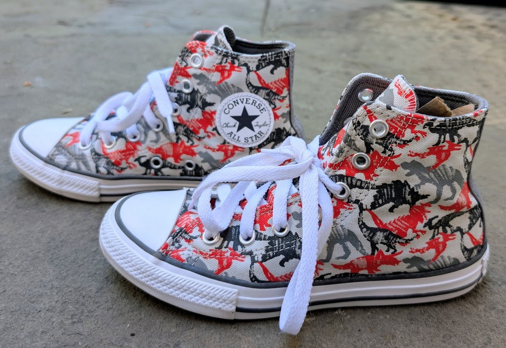 Converse Chuck Taylor High Top Sneaker Jr Youth 2 Dinosaur Gray Orange 671598F
