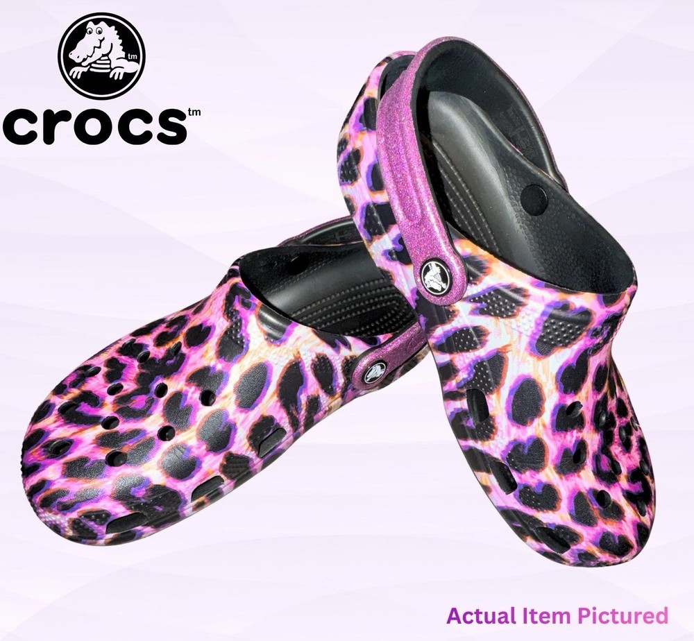 Crocs Classic Purple Leopard Print Clog Glitter Strap Youth Size J6 NWOB