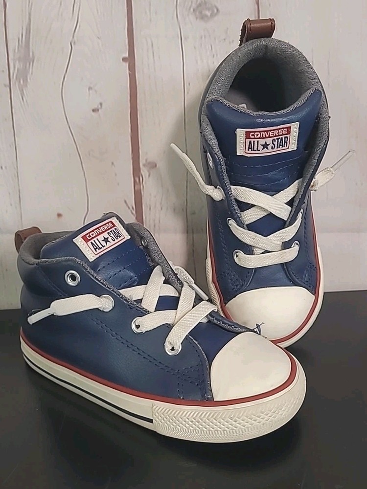 Converse All Star Navy Blue Red White Leather High Top Sneakers Infant Size 10