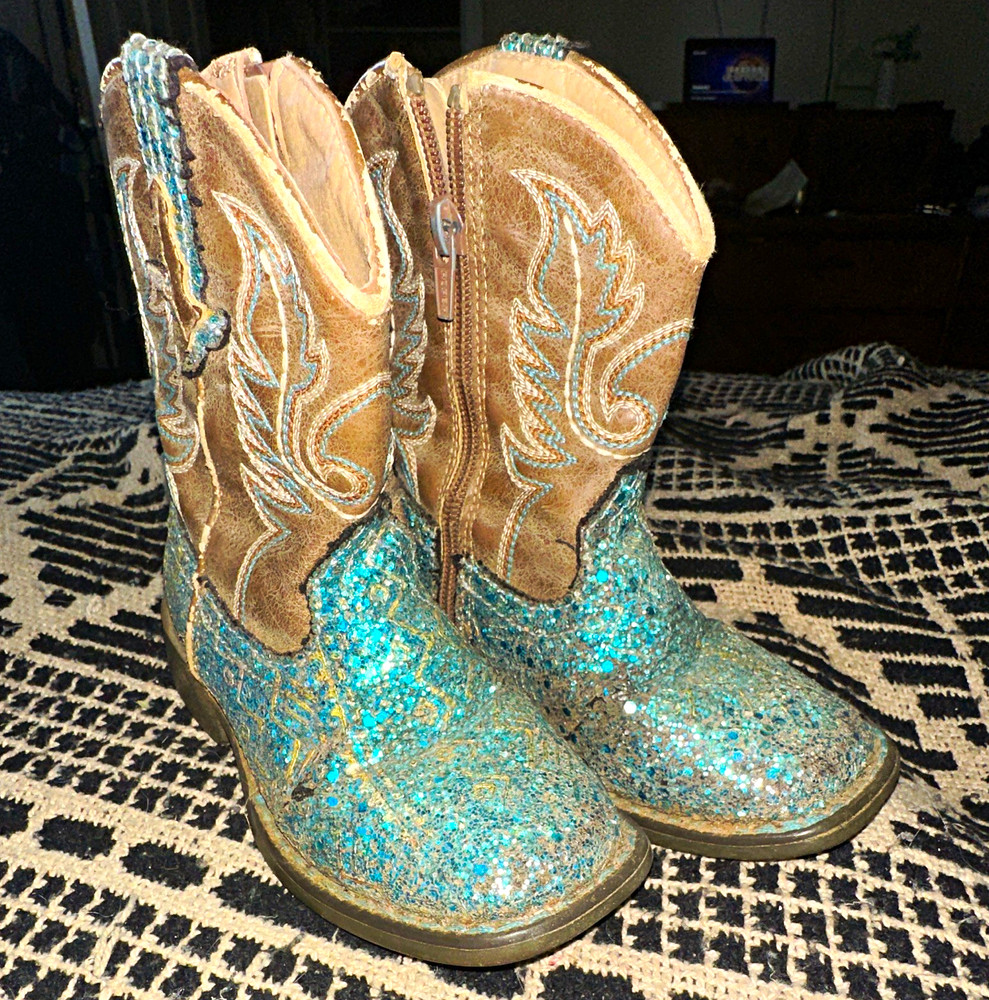 Roper Toddler Western Pull-On Boots Blue/Brown Glitter Embroidered, Unisex US 8