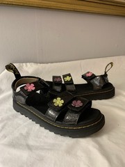 Doc Dr. Martens Kids Black Glitter Klaire J Sandals With Flowers Size 3