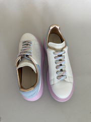 Alexander McQueen Kids Oversized Leather Sneakers (White with blue heel tab and