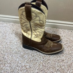 Cowboy Legend Youth 4 Western Boots Brown Cream Leather Square Toe 709-30K-AR
