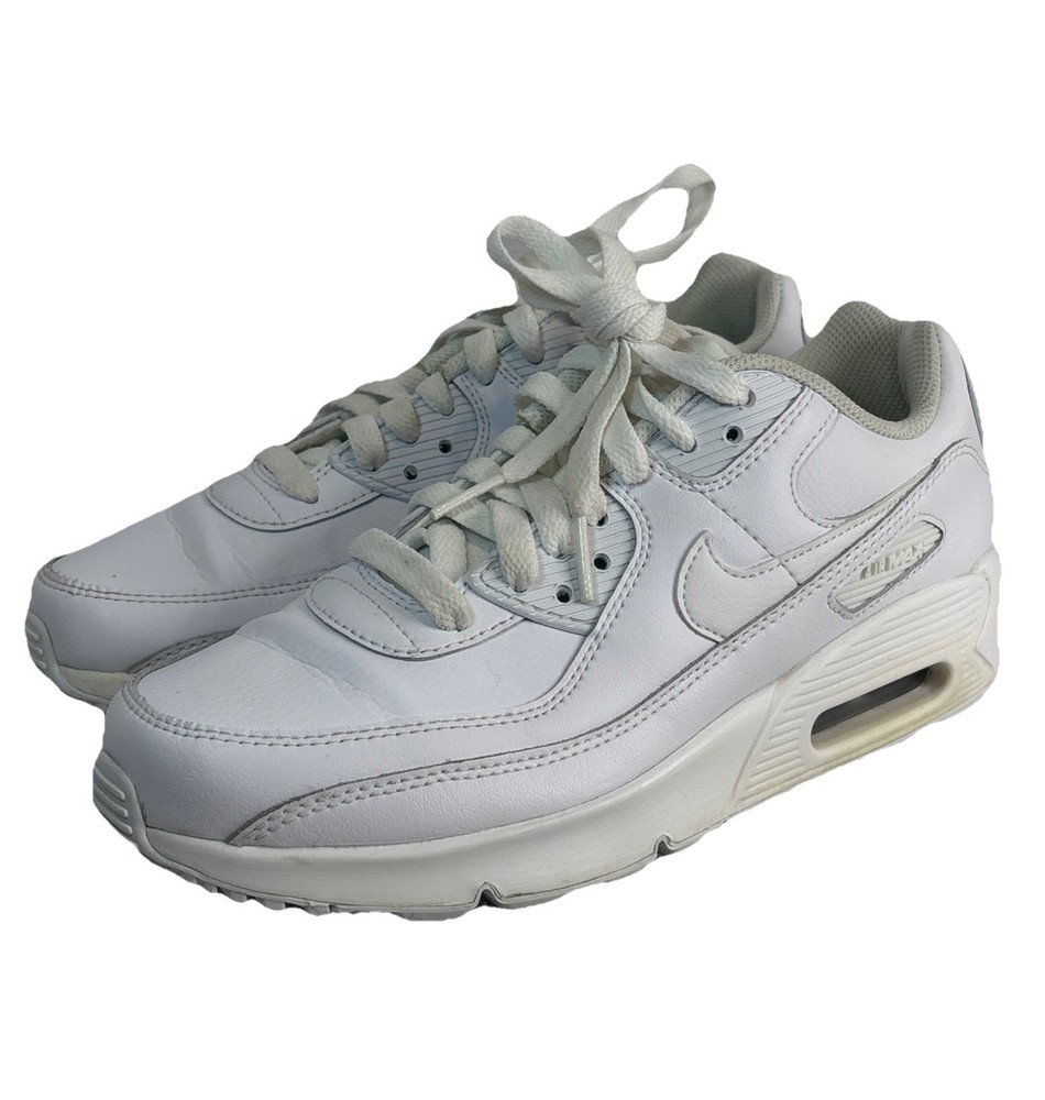 Nike Air Max 90 Leather Triple White Sneaker Shoe CD6864-100 Youth GS Size 4.5Y
