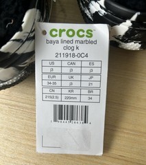Crocs Baya Lined Marbled Clog Kids Size J3 Black White- NWT