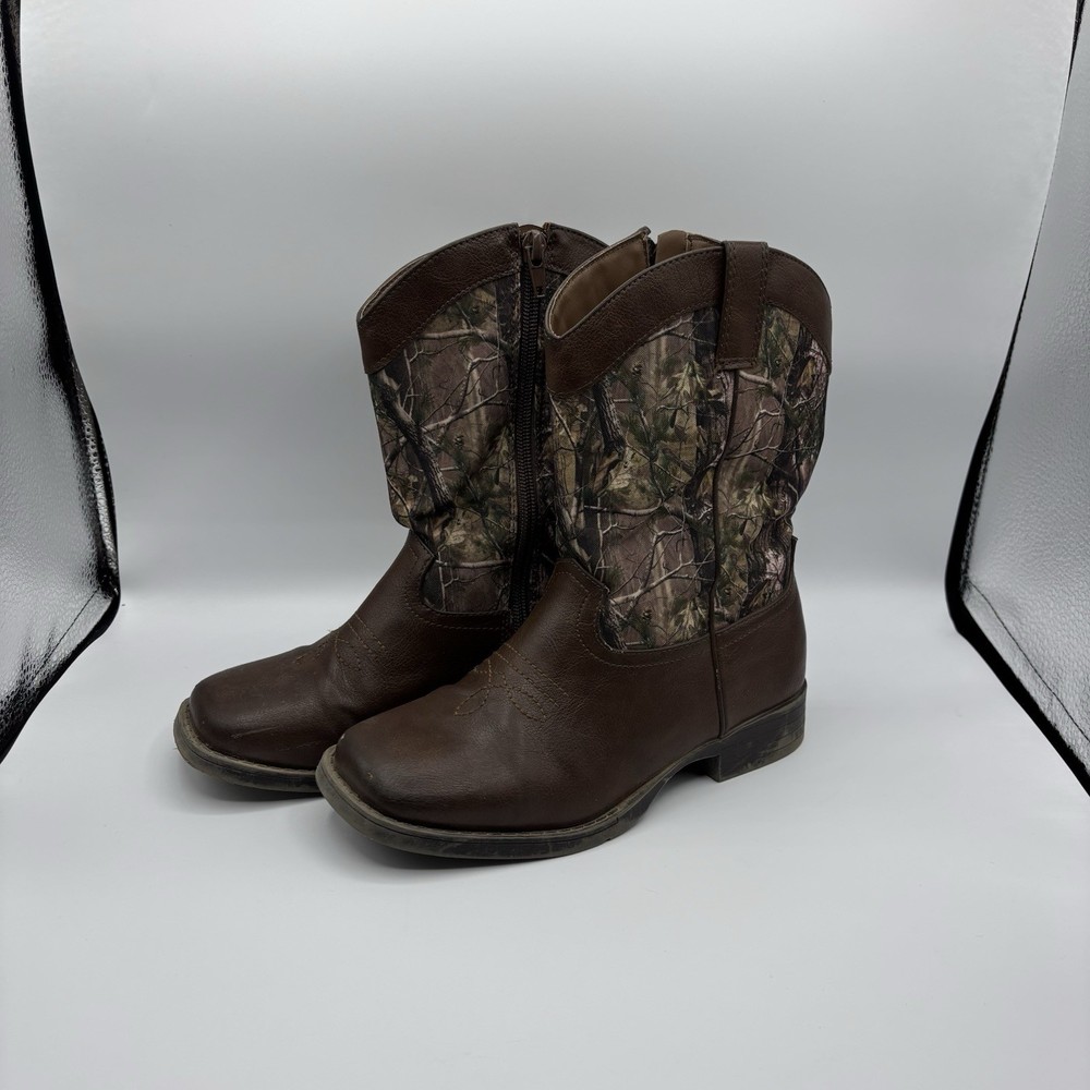 Brown Camouflage Western Mid-Calf Boots Synthetic Unisex Kids US 2 EU 33.5