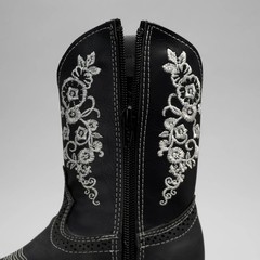 Kids Embroidered Square Toe Cowboy Boots Black Leather 6″ Shaft 1″ Heel