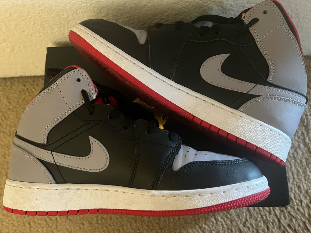Big Kid’s Jordan 1 Mid Black/Cement Grey-Fire Red (DQ8423 006) – 5.5