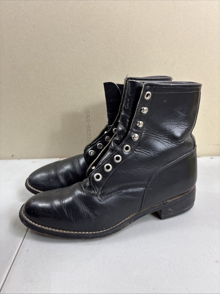 Justin Junior Boots Size 4.5 D Black Leather Western Witchy Goth Lace Roper 506Y