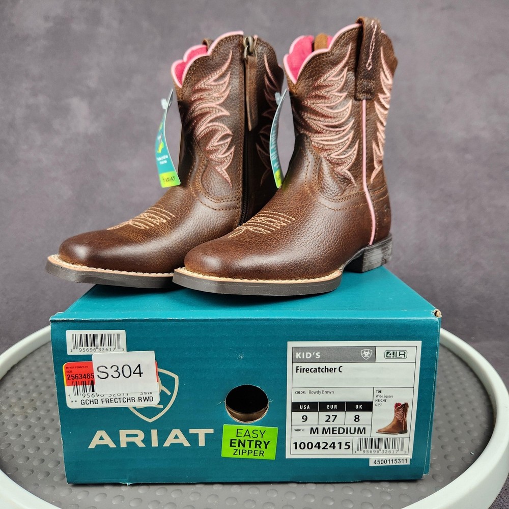 Ariat Firecatcher C Boots Kids Size 9 Brown Leather Zip Western Rowdy Brown