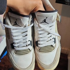 Jordan Air Jordan 4 Unisex Kids 7Y Leather Mid-Top Sneakers White/Black/Beige