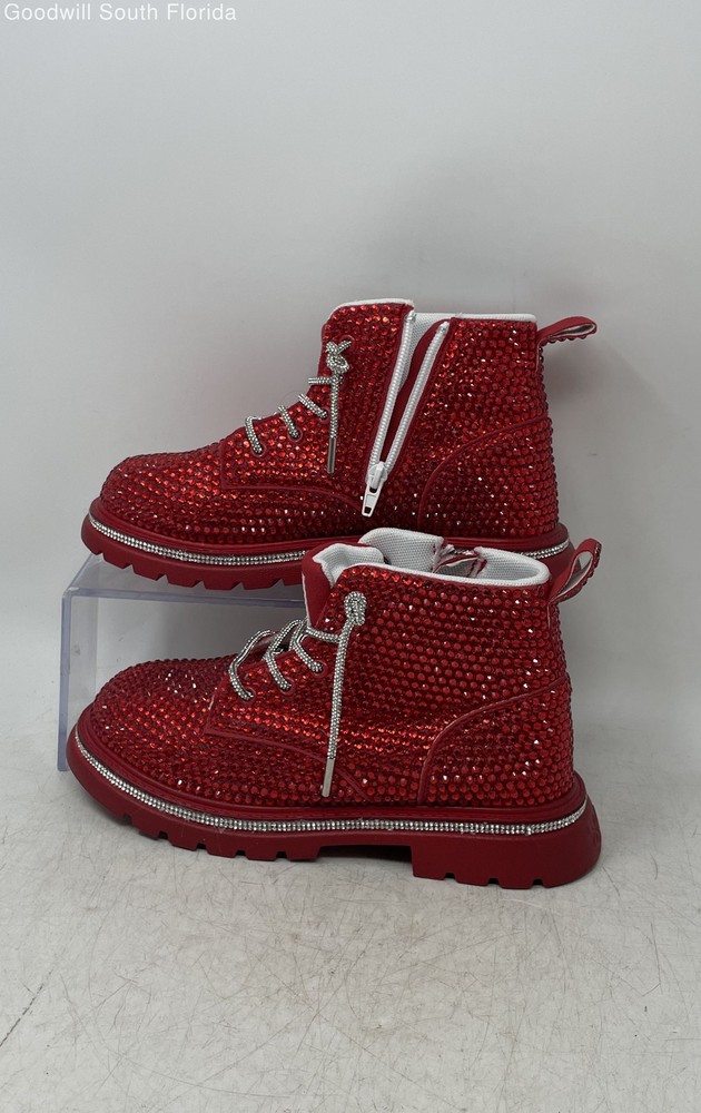 Lola + The Boys Unisex Kids Crystal Ruby Red Side Zipper Ankle Boots Size 35/4Y
