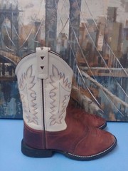 Old West 12122012 Leather Cowboy Boots Brown/Tan Cream Stitching Youth Sz 5