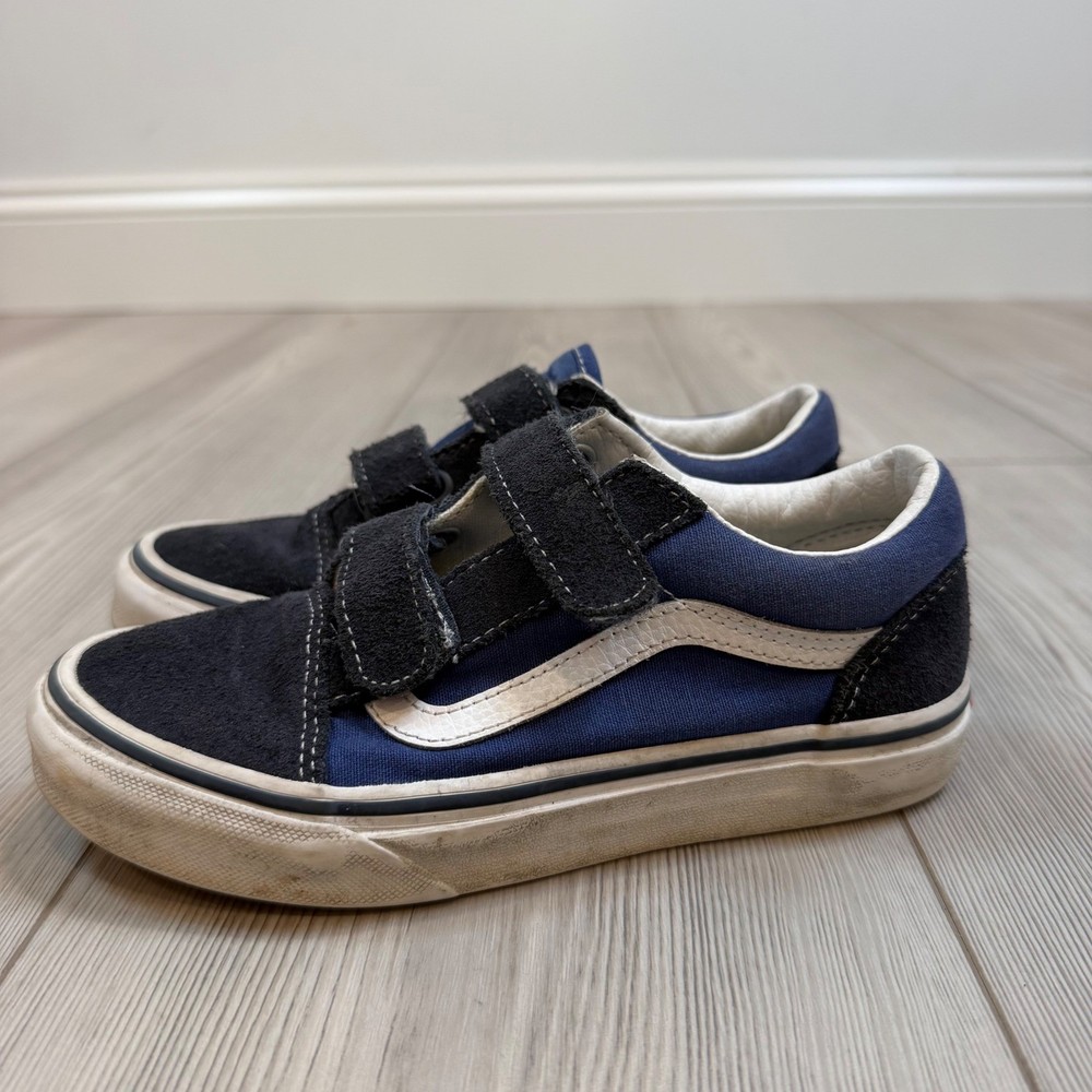 Vans Old Skool V Kids Navy Black Suede Canvas Strap Sneakers Size 2.0