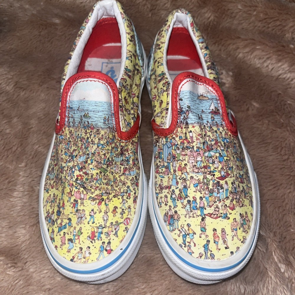 Vans x Where’s Waldo? Slip-On Sneakers Kids Size 13 “Find Steve” Beach Design