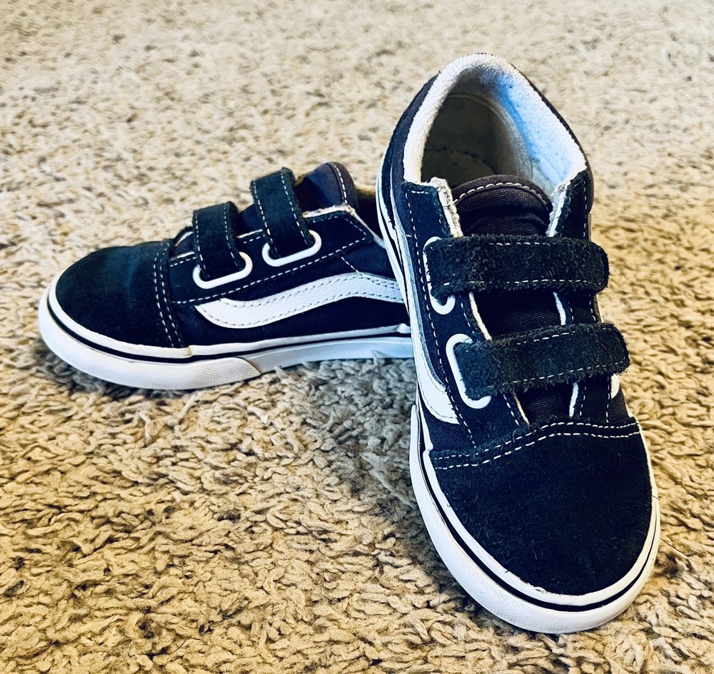 VANS Old Skool V Kids Blue/White Hook & Loop Suede Low Top Sneakers size 10