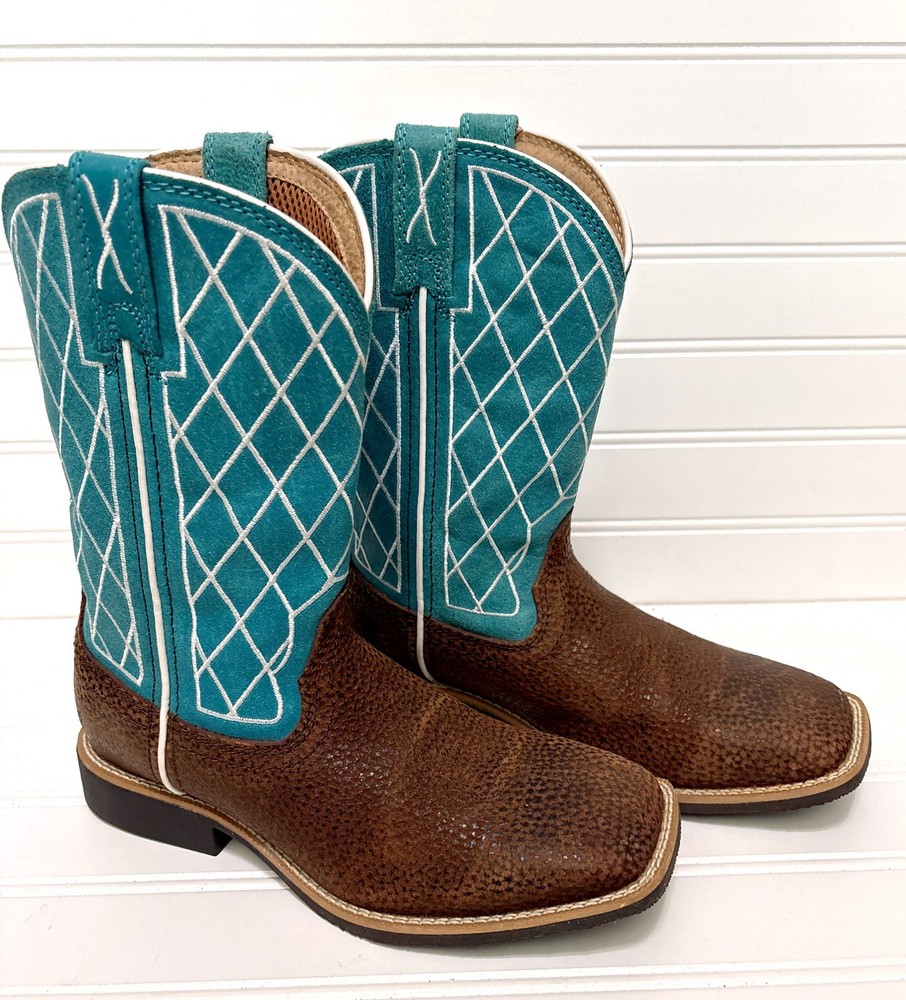 TWISTED X Top Hand Kids Distressed Saddle Turquoise Cowboy Boots Boys Size 2.5 M