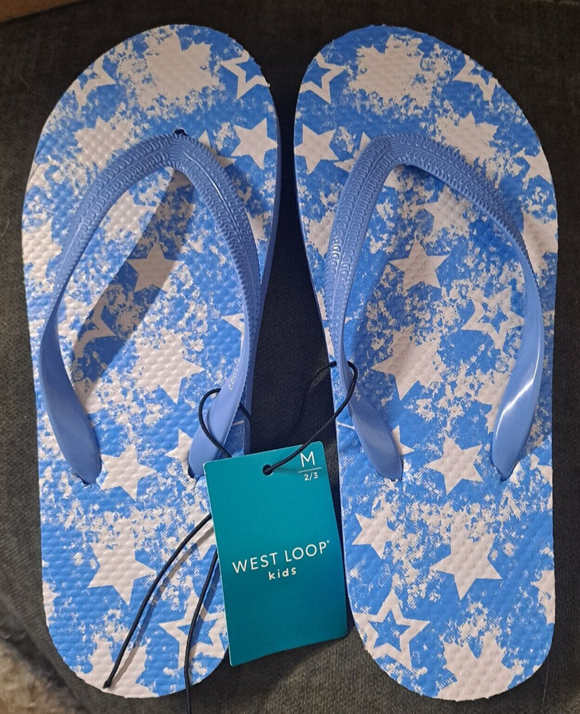 TWO pair West Loop Flip Flops Blue White Stars Size Medium 2/3 Thong Sandal Kids
