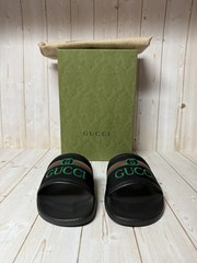 Gucci Embroidered Stripe Logo Canvas Slide Sandals Black Multicolor Sz 31 / 13