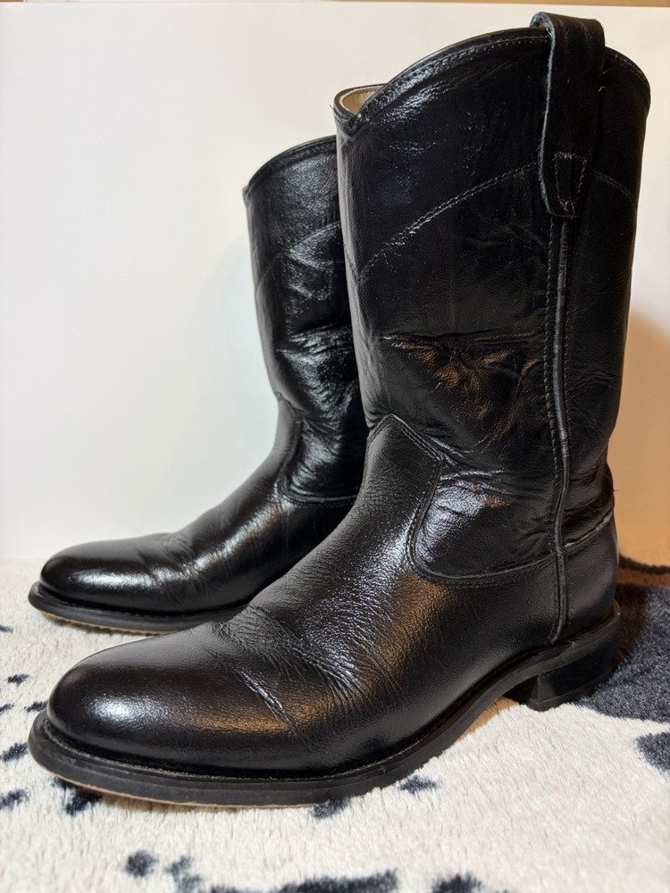 Old West Cry 4110G Black Leather Pull On Roper Cowboy Boots Size 6