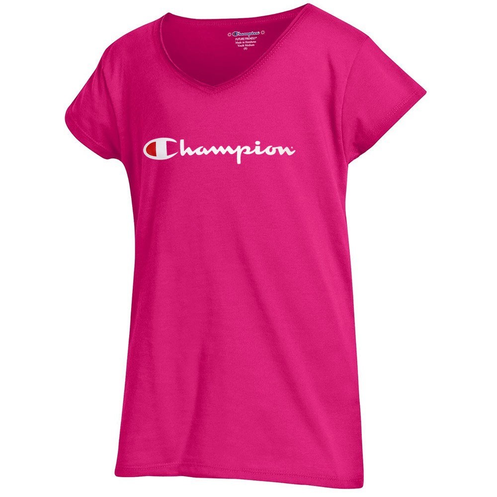 Champion Script Logo Girls Youth (Knockout Pink) Powder Puff V-Neck T-Shirt