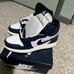 Nike Air Jordan 1 Mid GS White/Blue/Black Leather Sneakers 6Y FD1437-401