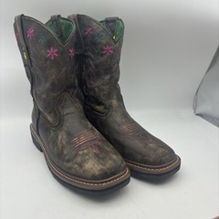 John Deere JD3332 Youth Brown Leather Floral Stitched Square Toe Western Boots