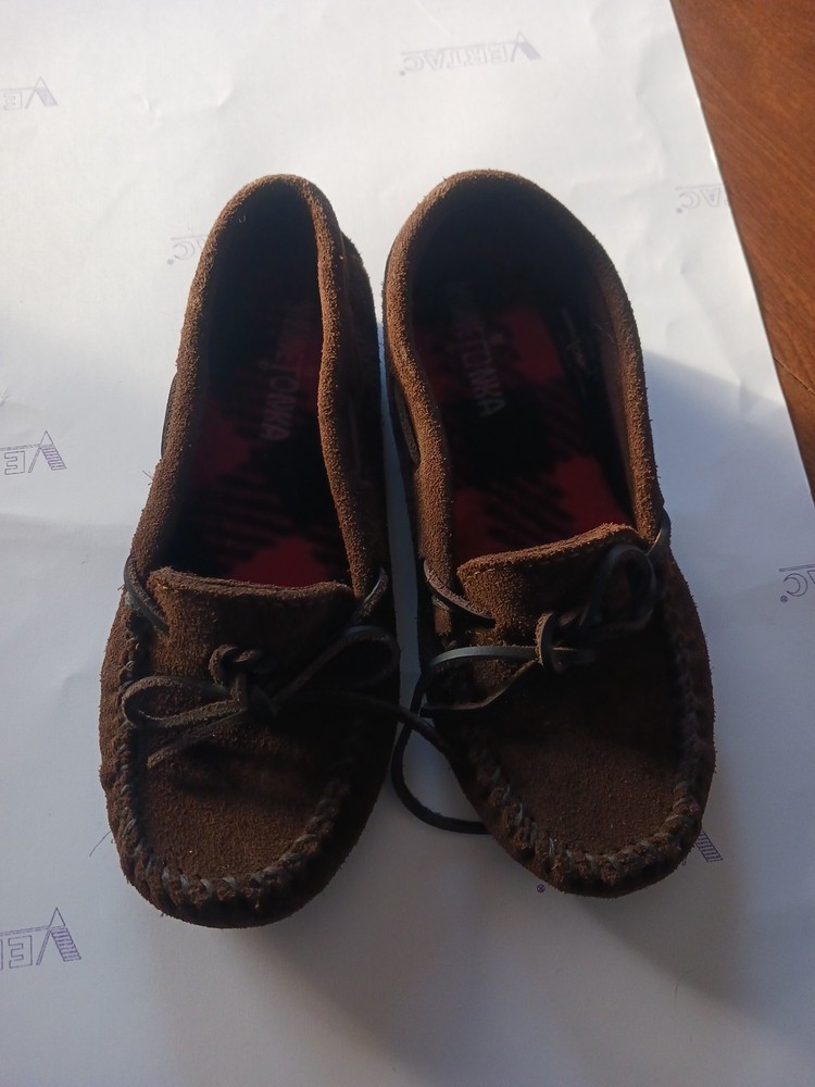 Minnetonka Moccasin Brown Suede Leather Flannel Lined Kids Child Size 2 T3