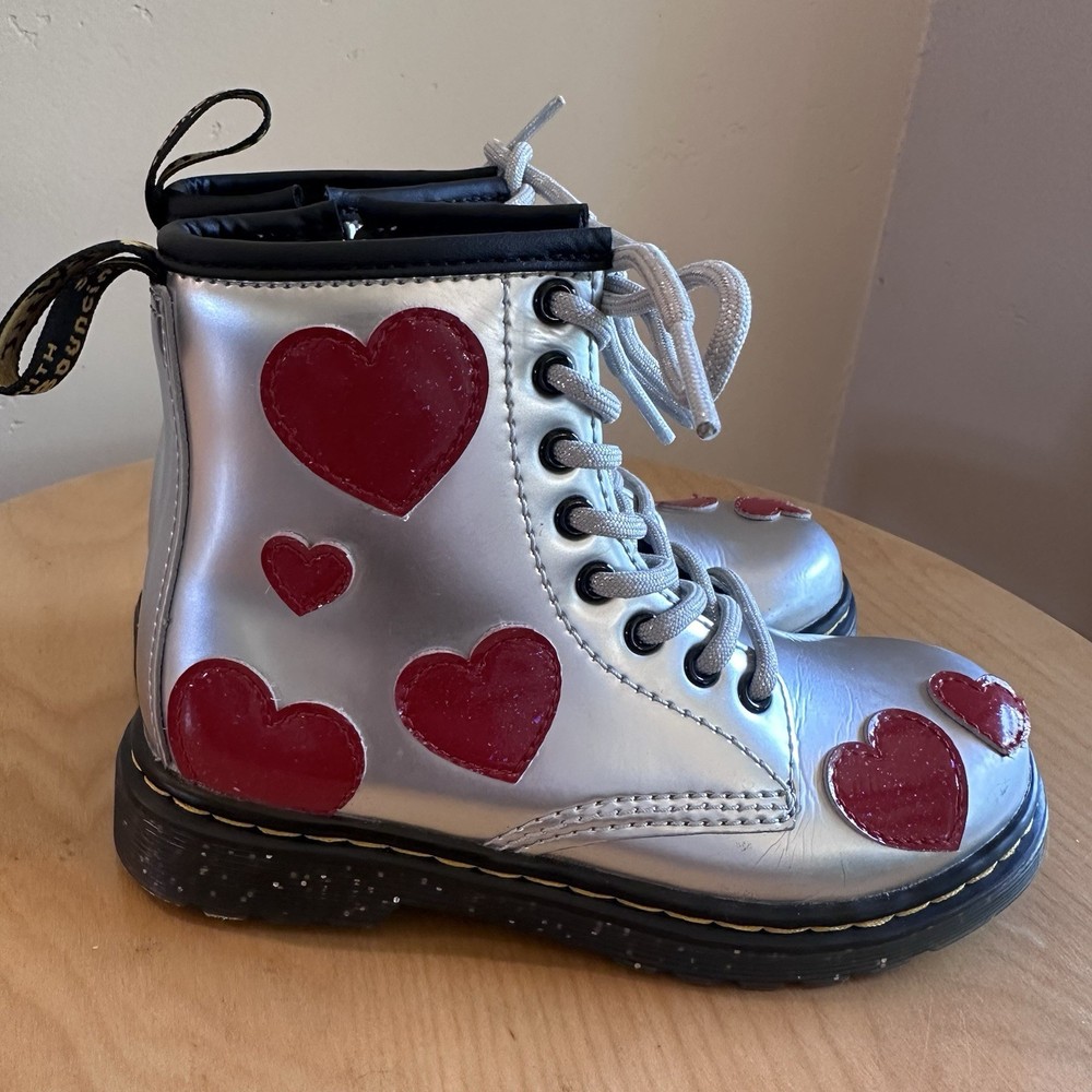 Dr Martens Kids 1460 Silver Heart Boots Size 11 Lace Up Combat Shoes EUC
