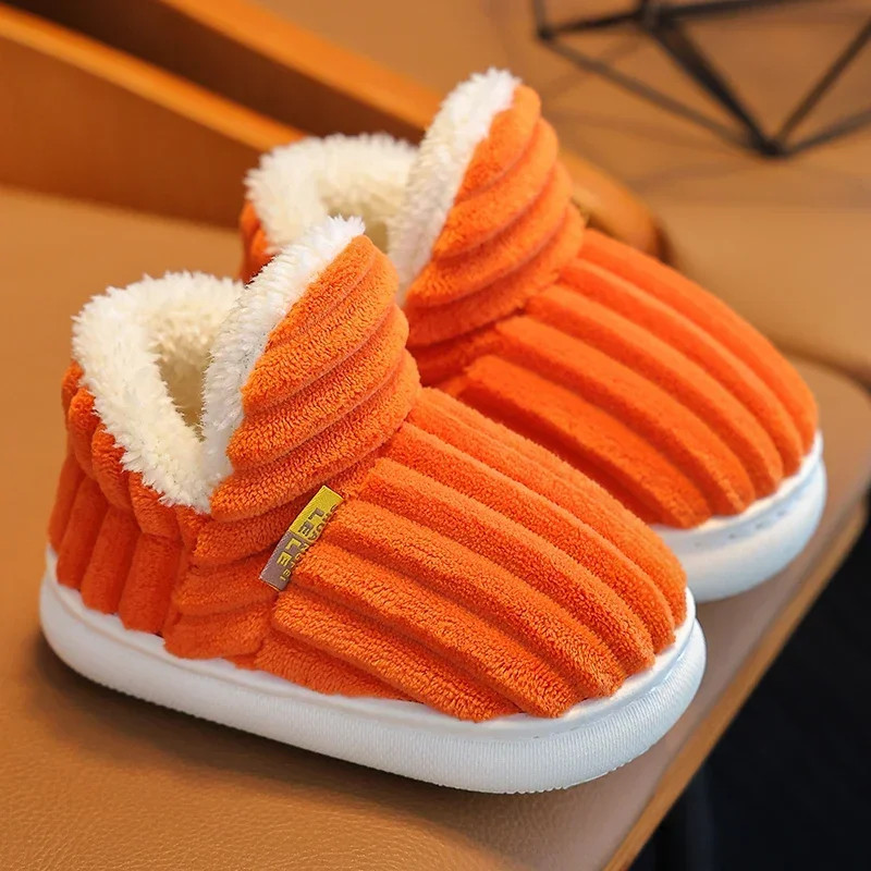 New Winter Concise Stripe Plush Slippers Children’s Non-slip Soft Sole Kids Boys