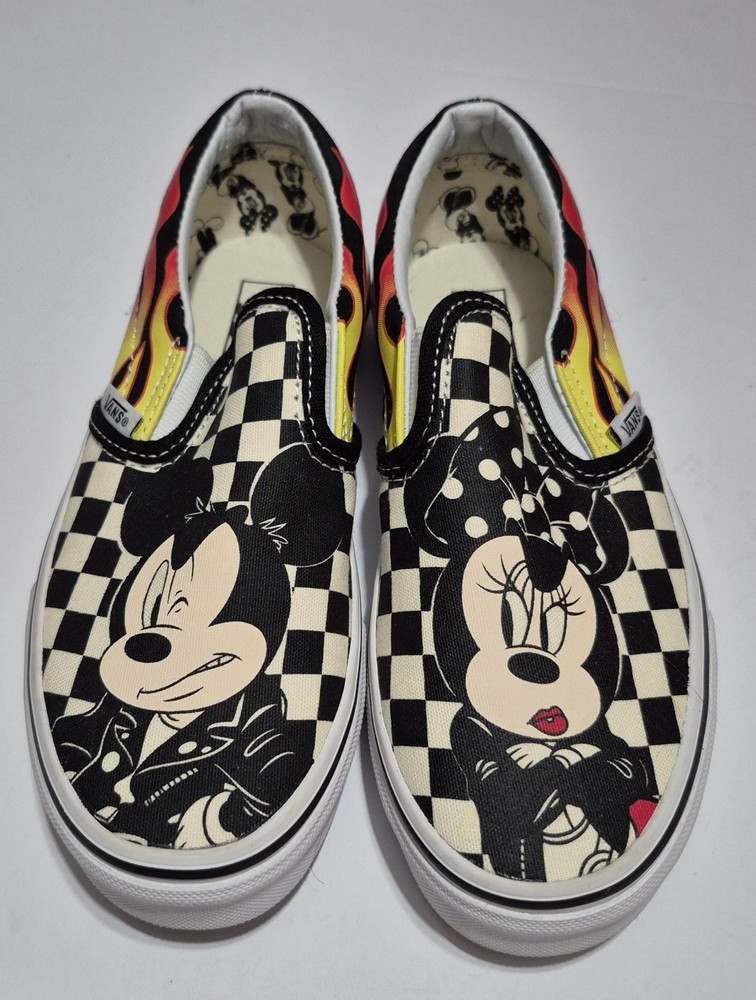Vans Checkered Flame Disney Mickey Minnie Mouse Slip On Youth Kids Size 2.5