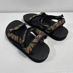 Teva Original Universal Kids Sz 2 Black/Pink/Yellow Hook And Loop Sandals NEW