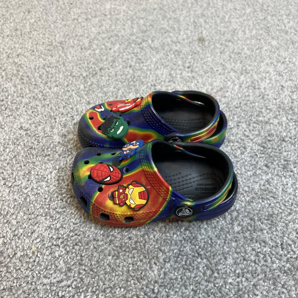 Crocs Shoes Kids Size 7c Multi Color Classic Clog Marvel Avengers Tie Dye Print